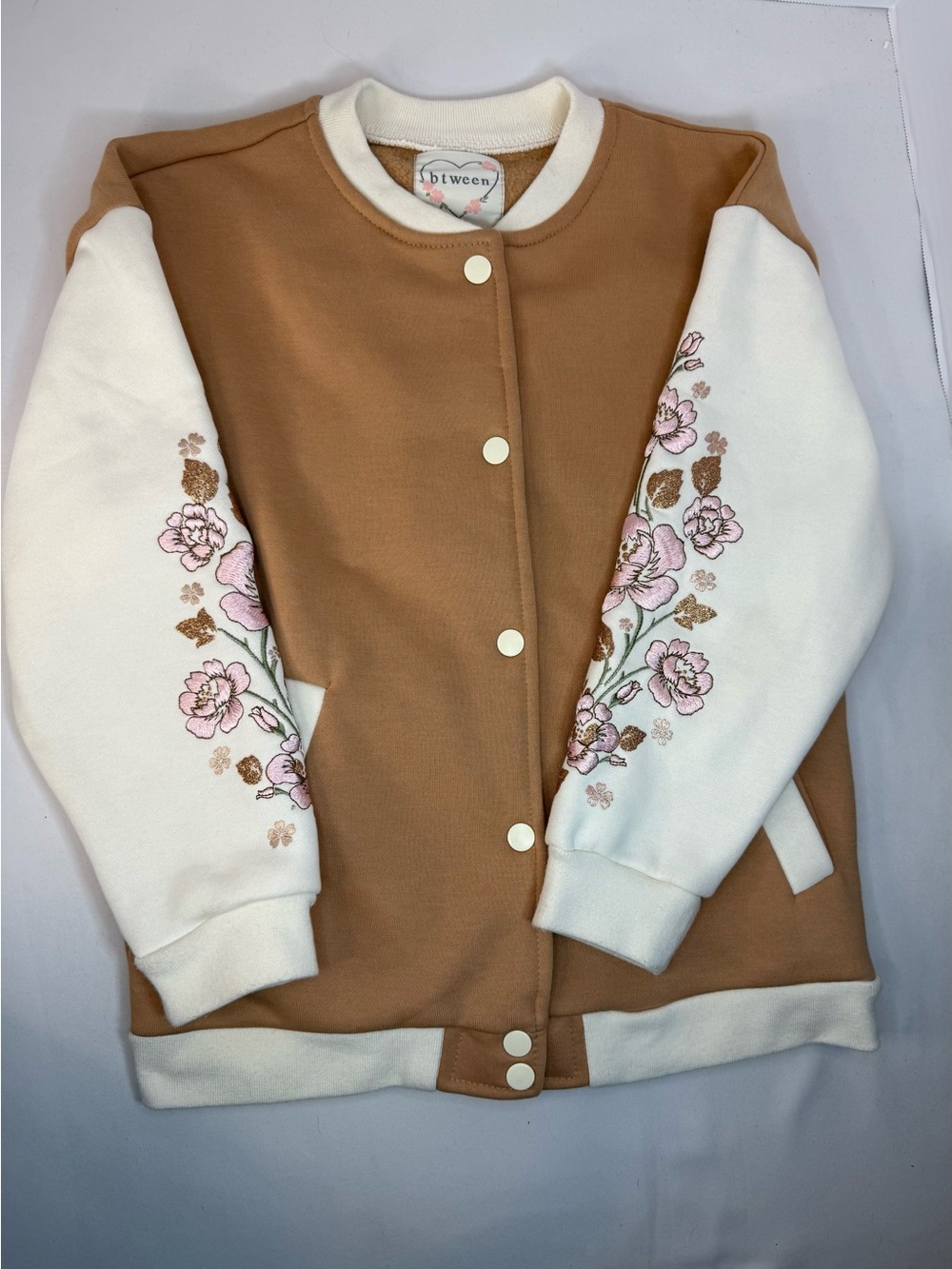 btween Tan & Cream Floral Varsity Jacket